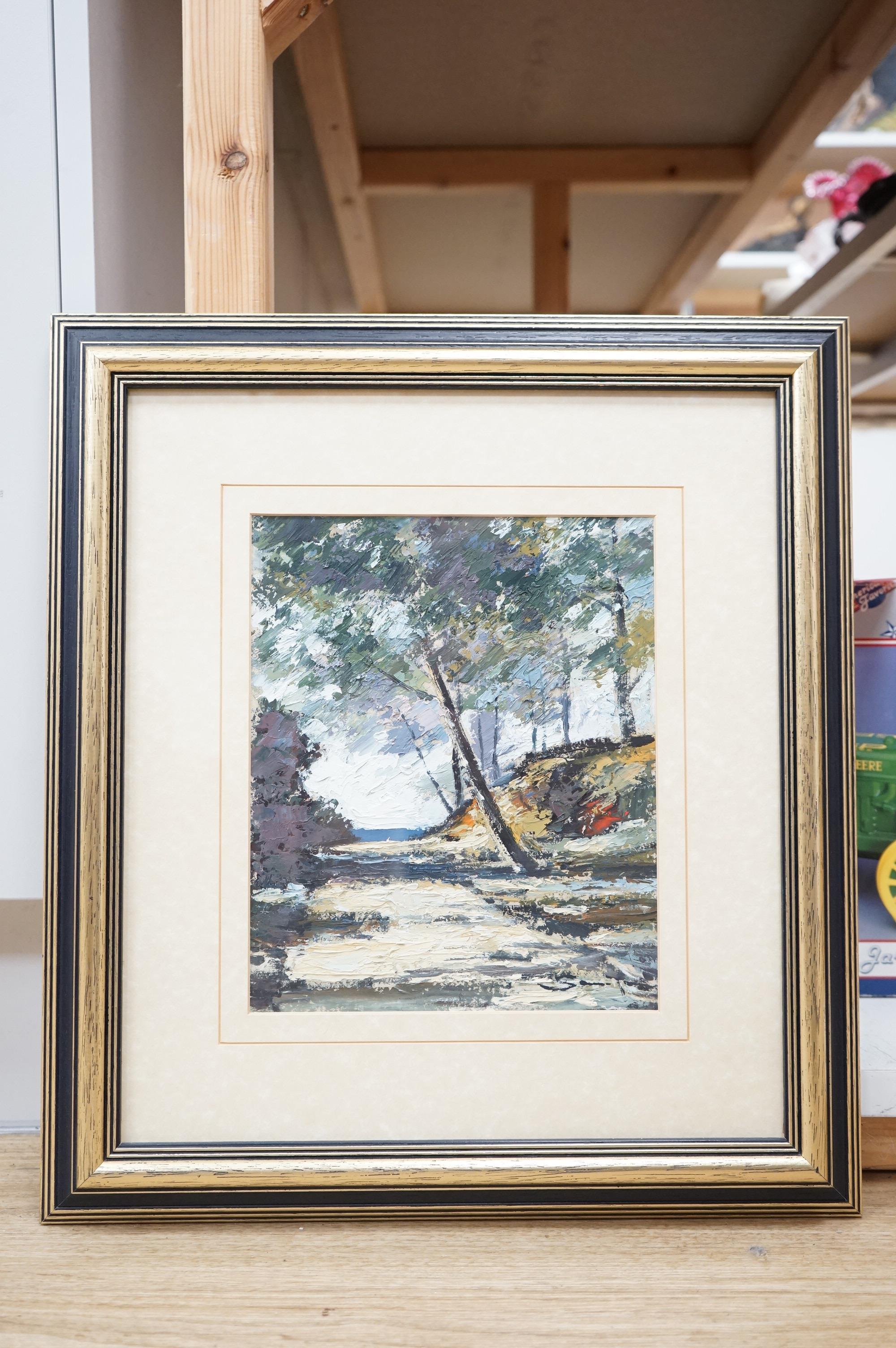 20th century school, pathway towards the sea, indistinctly signed lower right, impasto oil, 25 x 21cm